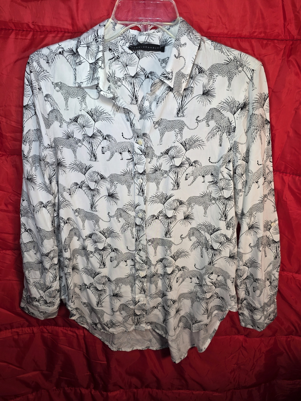 Jane and Delancey White Button-Down Shirt with Black Animal & Palm Print